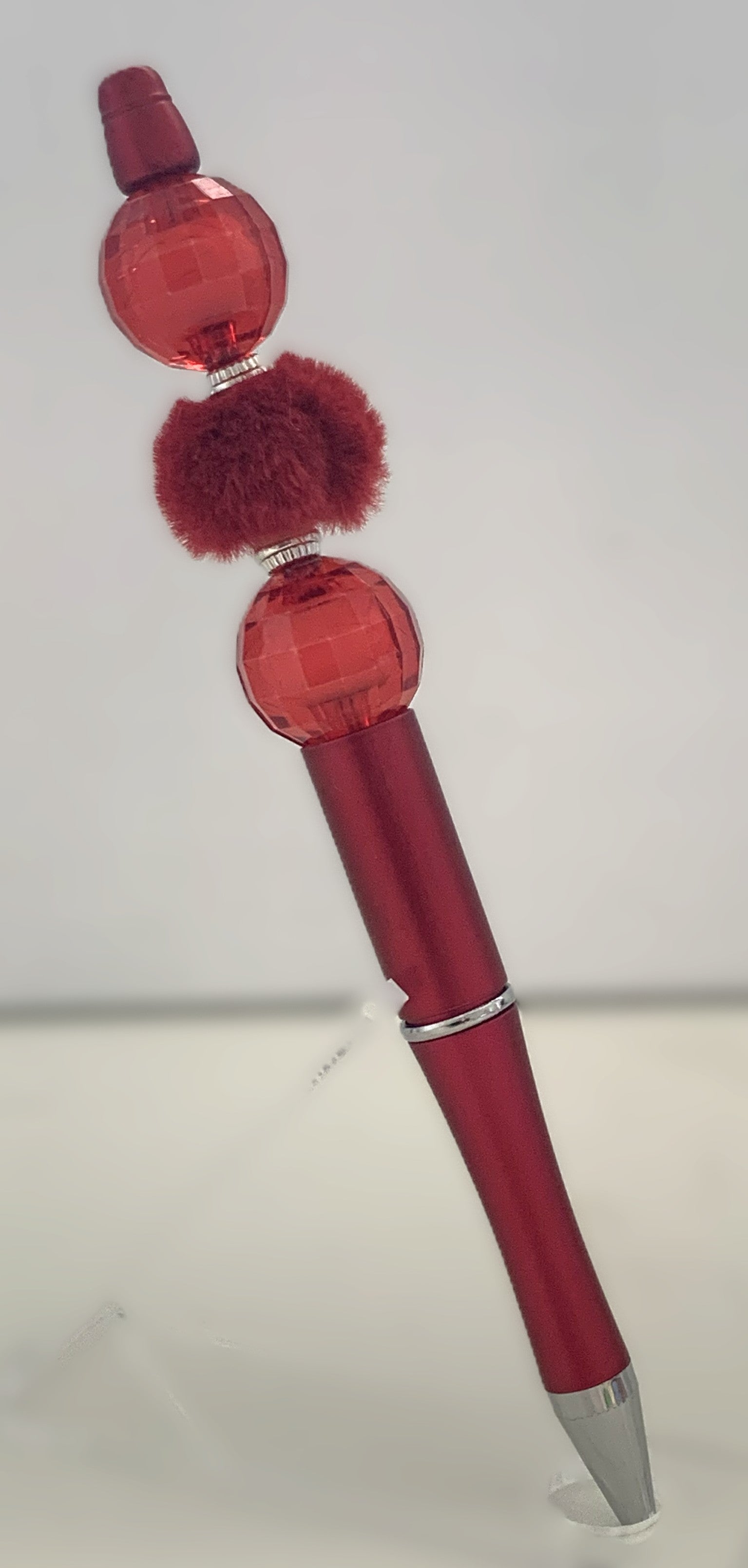 Beaded Pen - Metallic Red Faceted Crystal Ball Beads Fluffy Dark Red Pom Pom