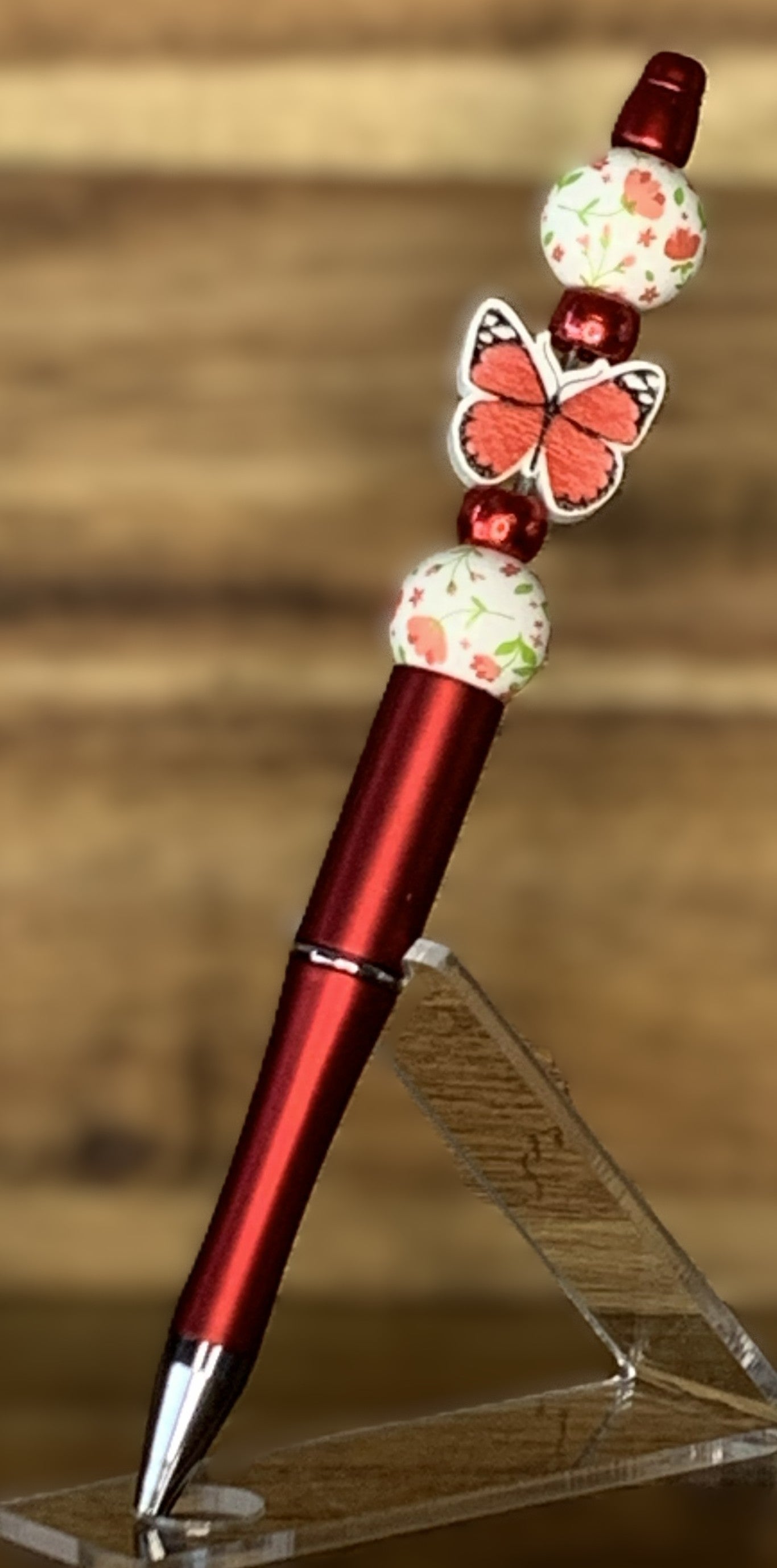 Beaded Pen - Metallic Red Coral Butterfly Charm White Floral Ball Beads Dark Red Beads
