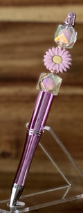 Beaded Pen - Metallic Purple Pink Daisy Flower Bead Iridescent Clear Cube Beads