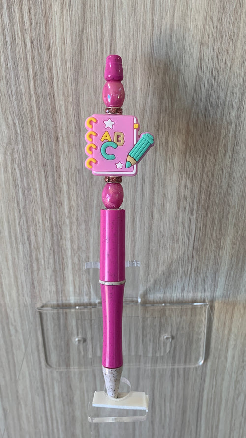 ABC Notebook Charm Teal Pencil Glossy Magenta Oval Bead Pink Glitter Rhinestone Spacer Magenta Beaded Pen P-136