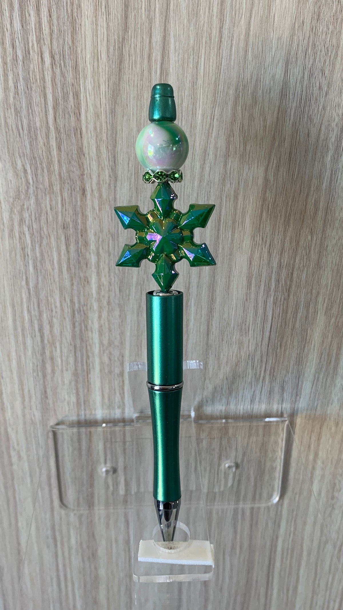Metallic Green Iridescent Snowflake Charm White Opal Pearl Round Bead Gold Filigree Rondelle Emerald Green Metallic Beaded Pen P-164