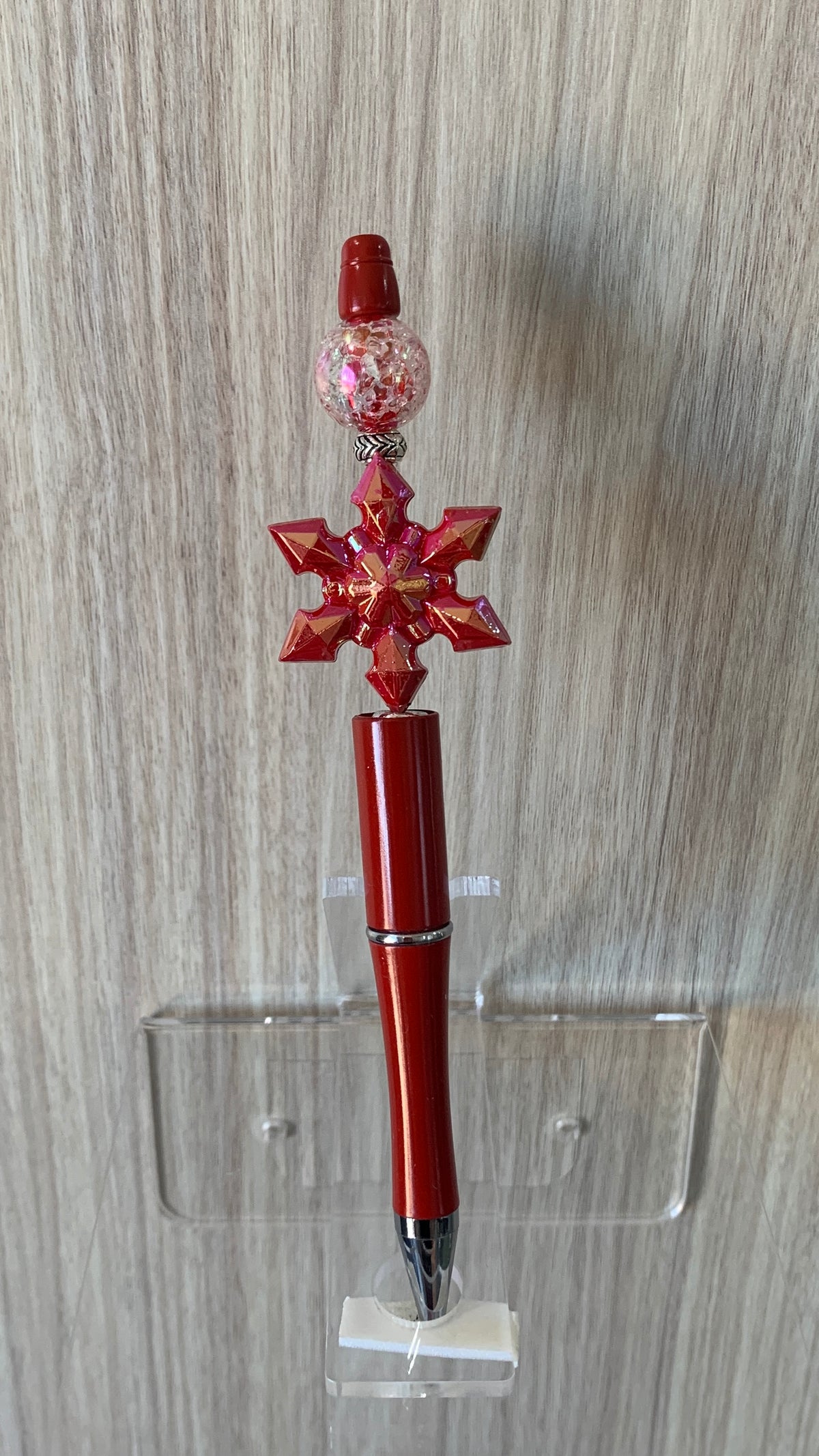 Metallic Red Snowflake Charm Gold Shimmer Clear AB Crackle Globe Bead Pink Glitter Silver Zigzag Rondelle Dark Red Beaded Pen P-168