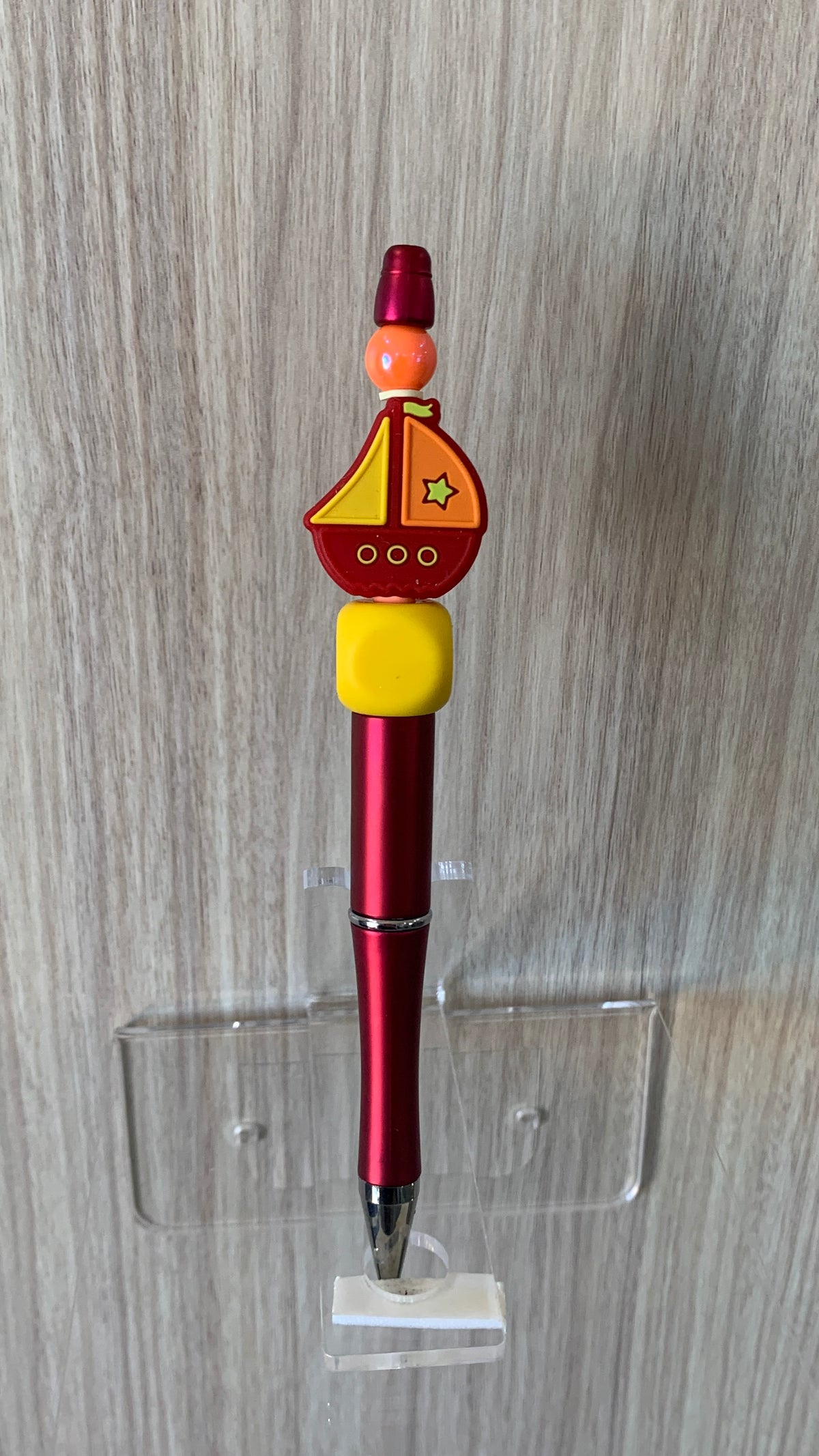 Red Yellow Sailboat Charm Orange Sail Green Star Glossy Orange Round Bead Yellow Square Bead Crimson Red Metallic Beaded Pen P-175