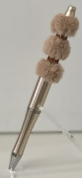 Handmade Cream Fluffy Pom Pom Beaded Pen - Silver & Amber