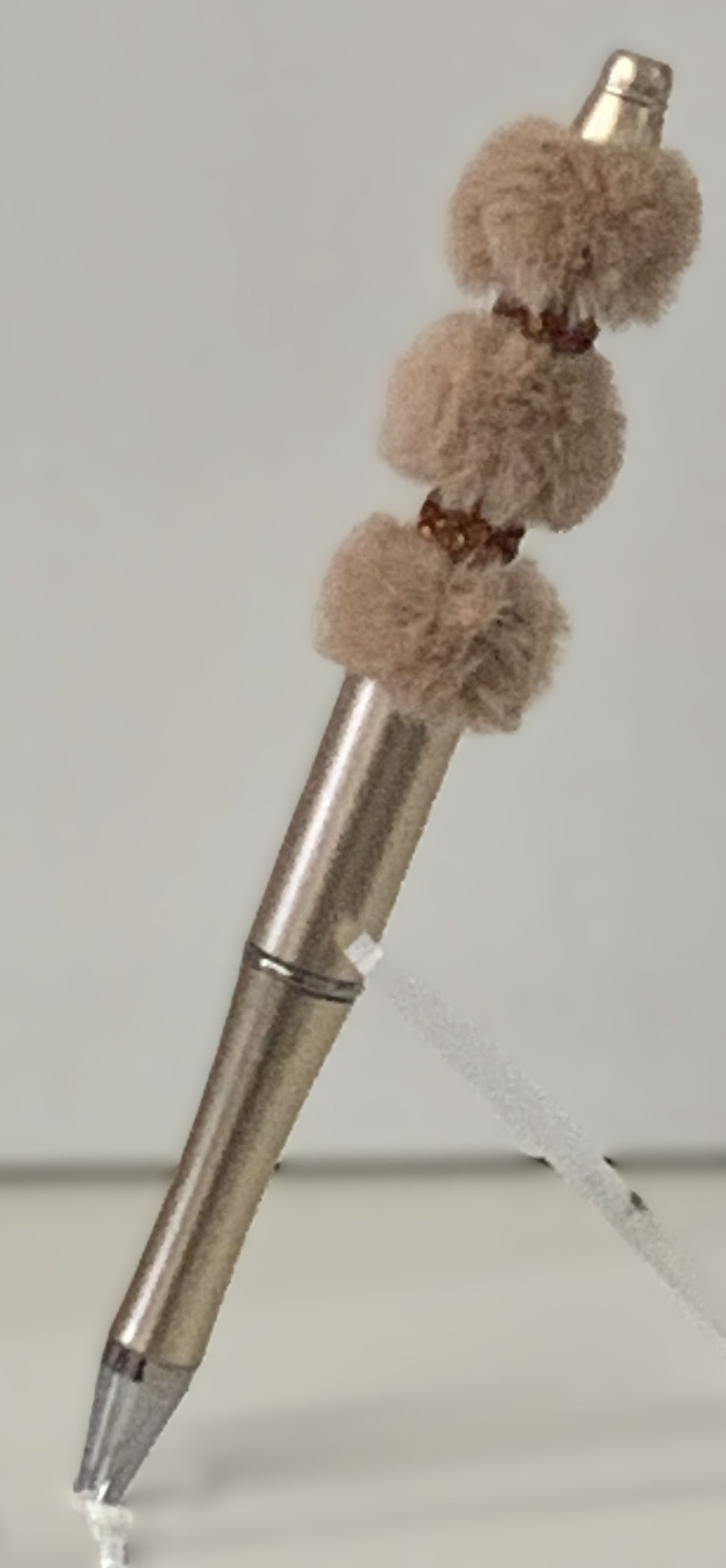 Handmade Cream Fluffy Pom Pom Beaded Pen - Silver & Amber