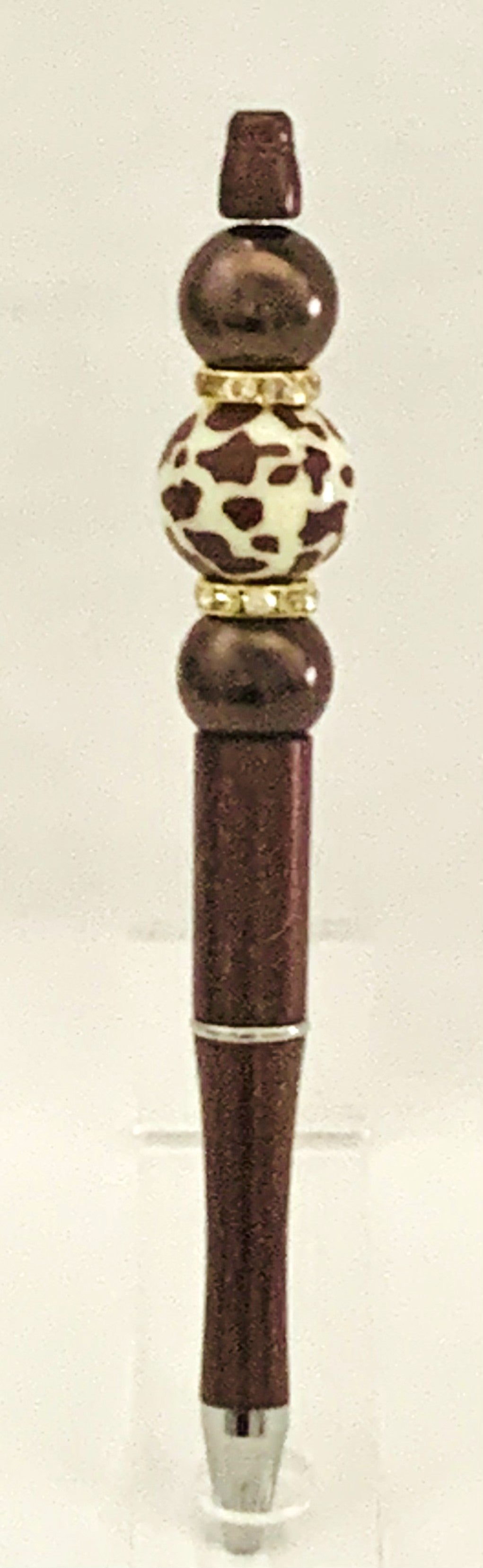 Handmade Cow Print Beaded Pen - Chocolate Brown & Gold