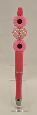 Handmade Daisy & Quilted Heart Beaded Pen - Coral Pink