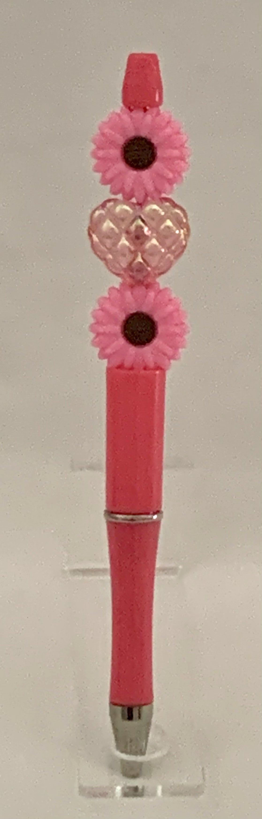Handmade Daisy & Quilted Heart Beaded Pen - Coral Pink