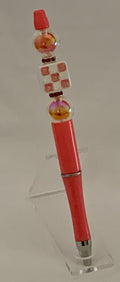 Handmade Checkerboard & Iridescent Beaded Pen - Coral Red