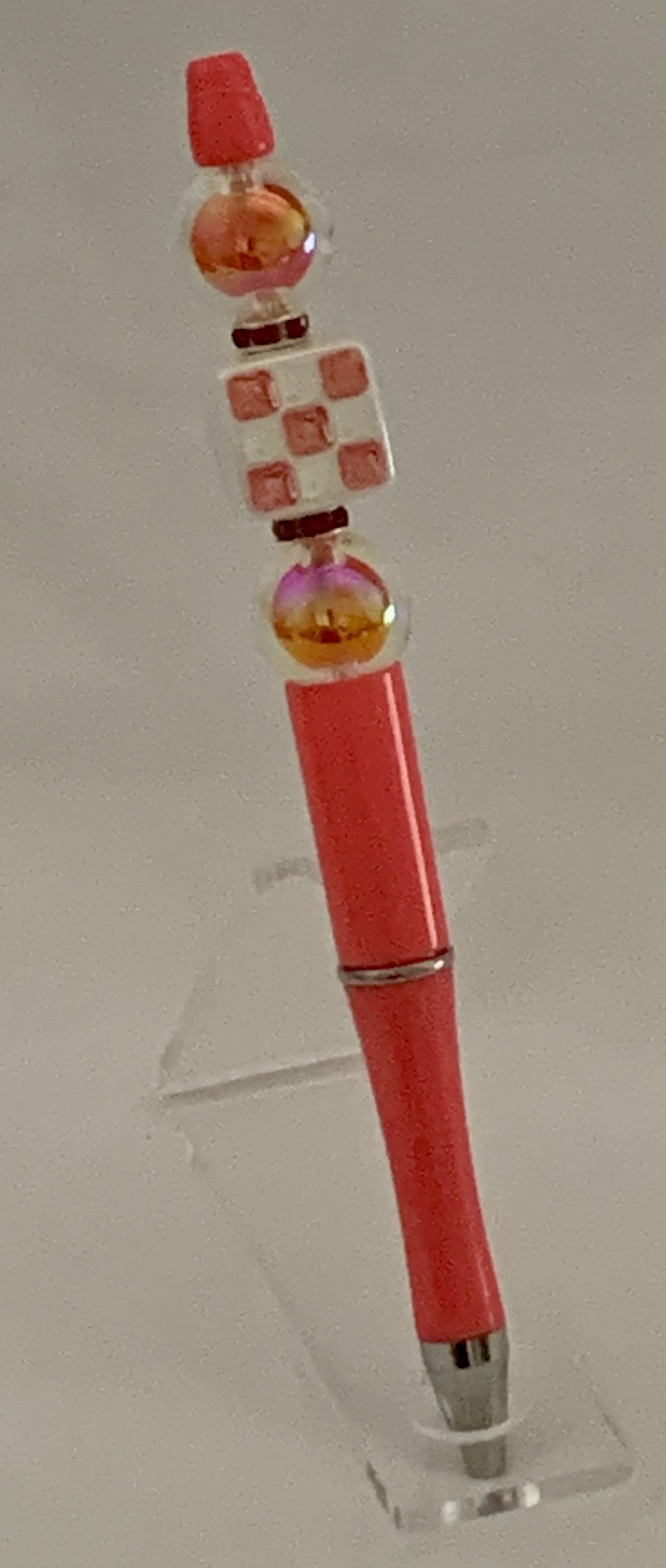 Handmade Checkerboard & Iridescent Beaded Pen - Coral Red