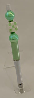 Handmade Checkered & Pearl Beaded Pen - Mint Green & White