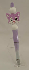 Handmade Kawaii Cat Face Beaded Pen - Lavender & White