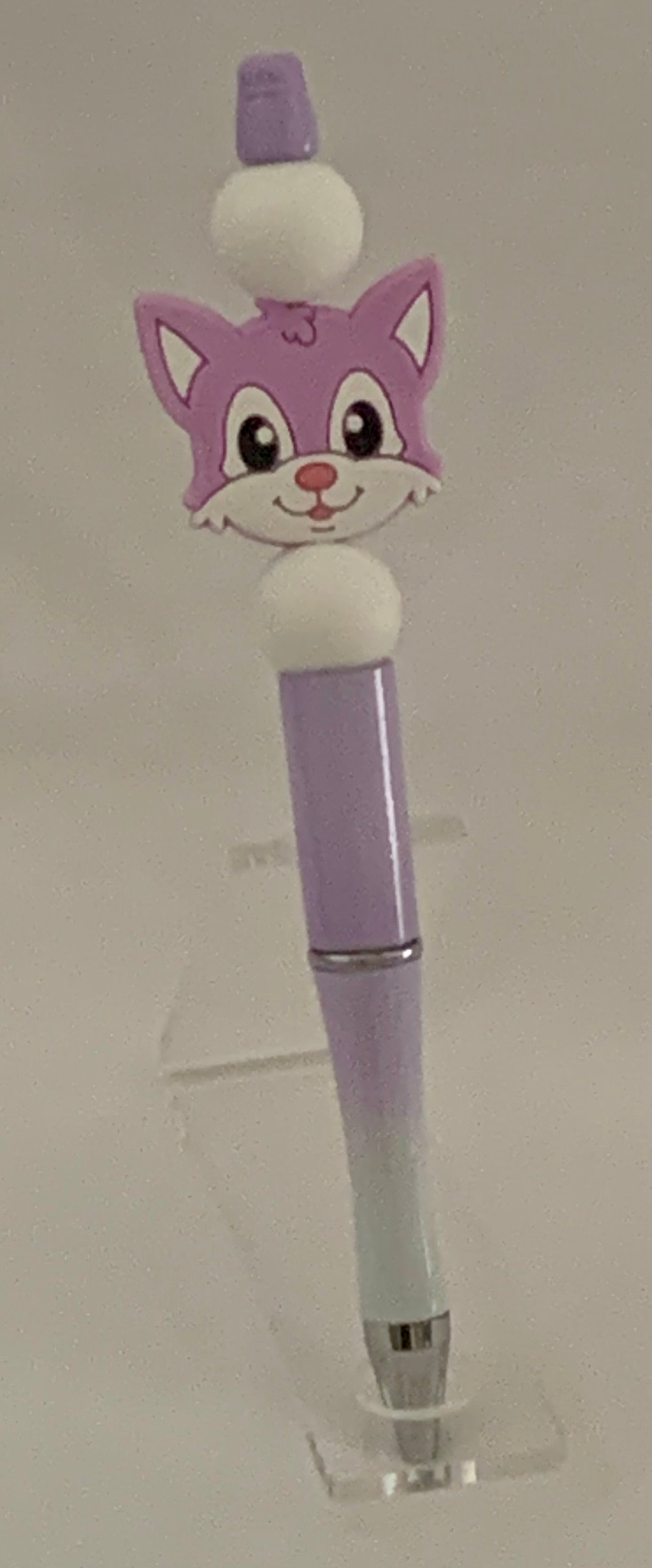 Handmade Kawaii Cat Face Beaded Pen - Lavender & White