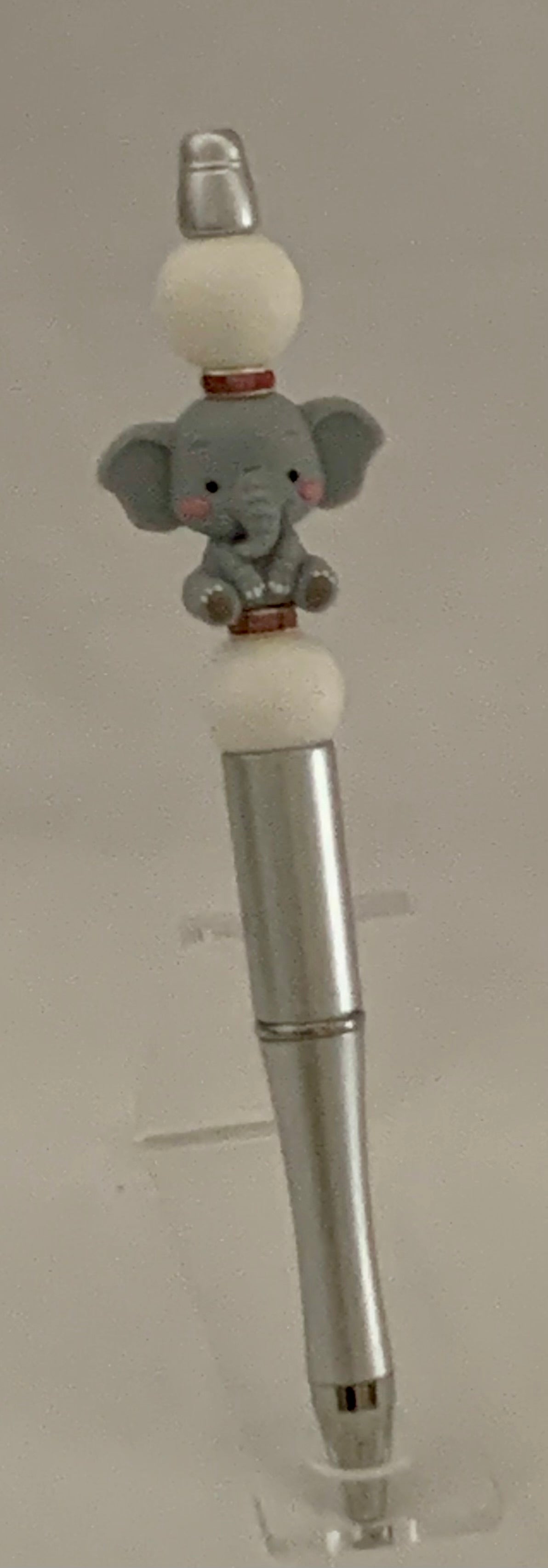 Handmade Kawaii Baby Elephant Beaded Pen - Silver & White