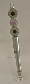 Handmade Daisy & Iridescent Pearl Beaded Pen - Silver & White