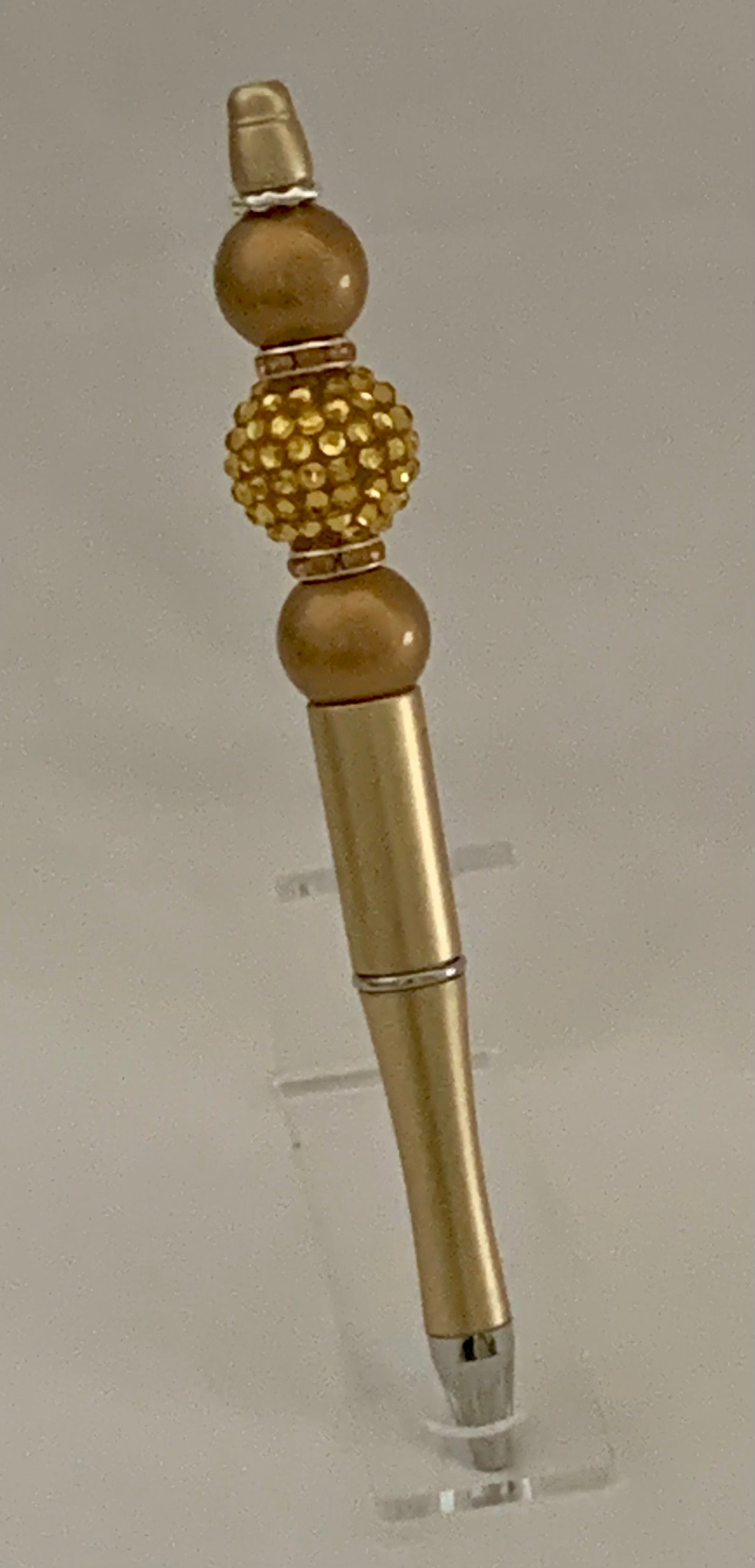 Handmade Gold Rhinestone & Mocha Pearl Beaded Pen - Champagne Gold