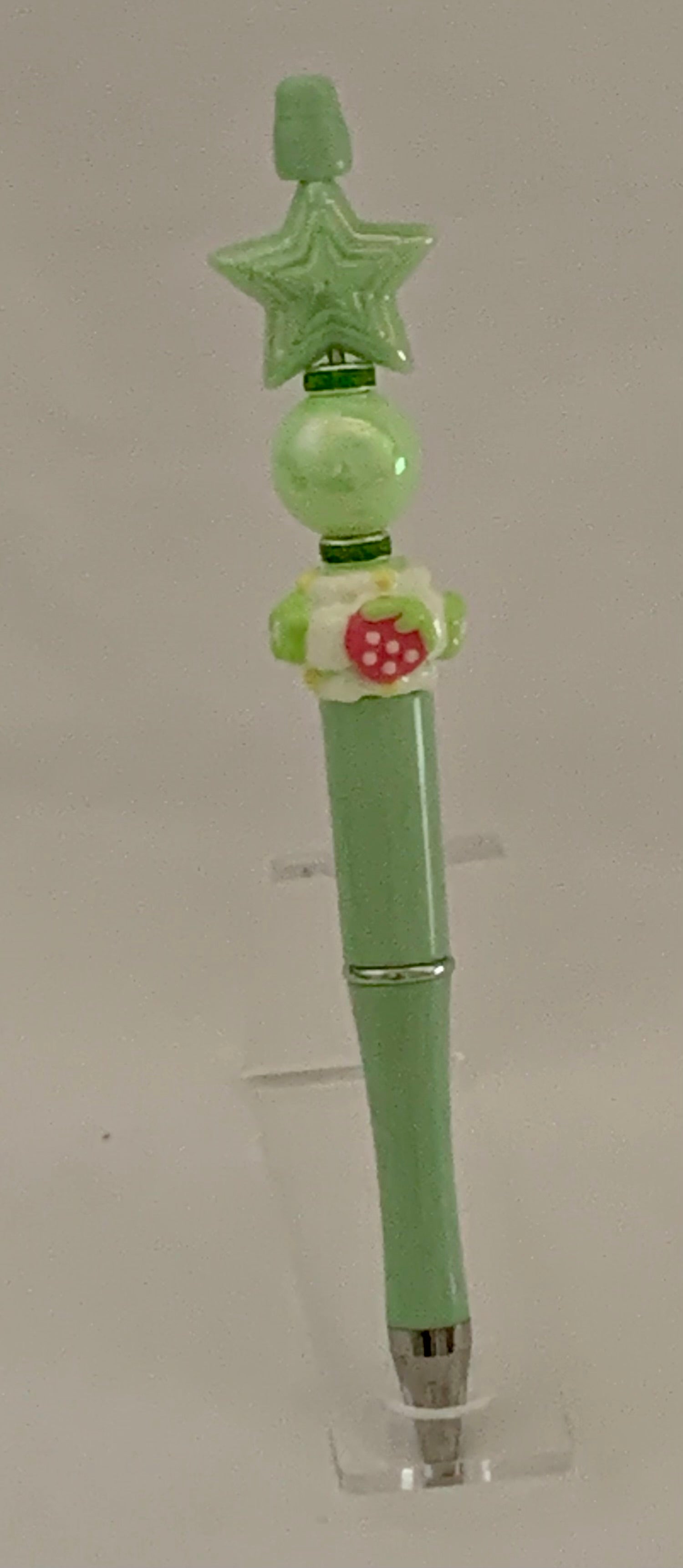 Handmade Star & Strawberry Beaded Pen - Sage Green