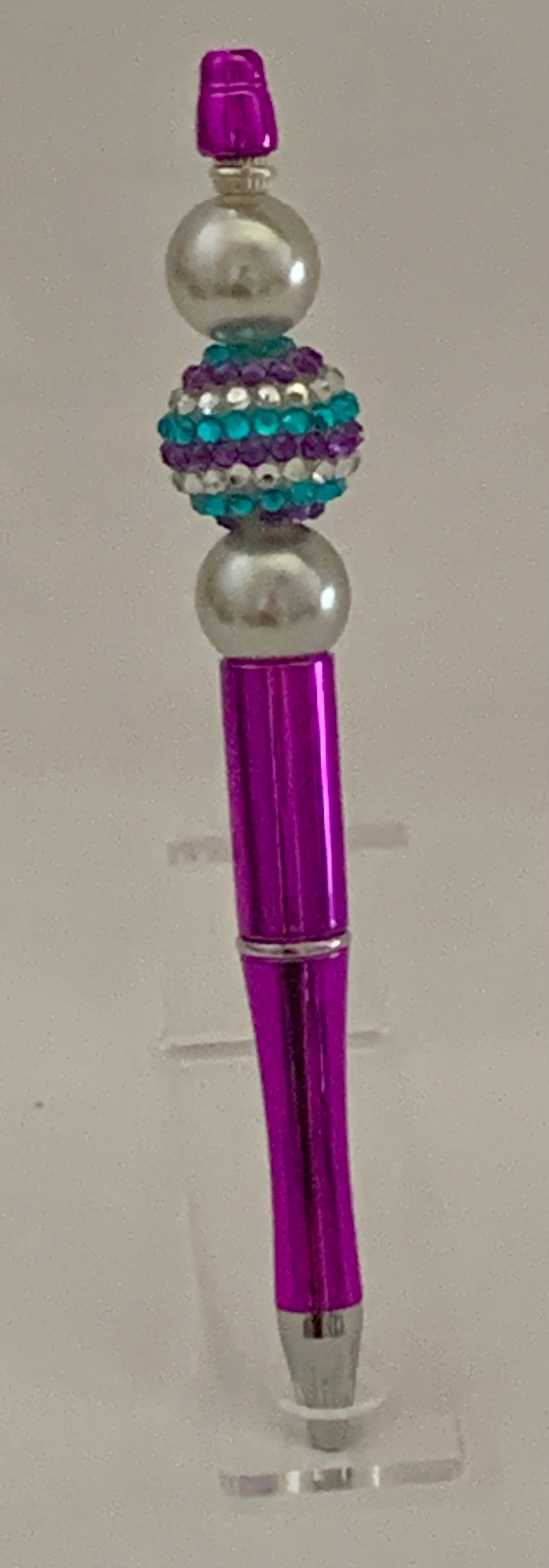Handmade Striped Rhinestone & Pearl Beaded Pen - Magenta & Teal