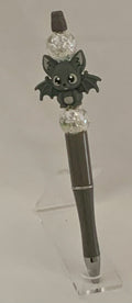 Handmade Kawaii Baby Bat & Crystal Beaded Pen - Charcoal Grey