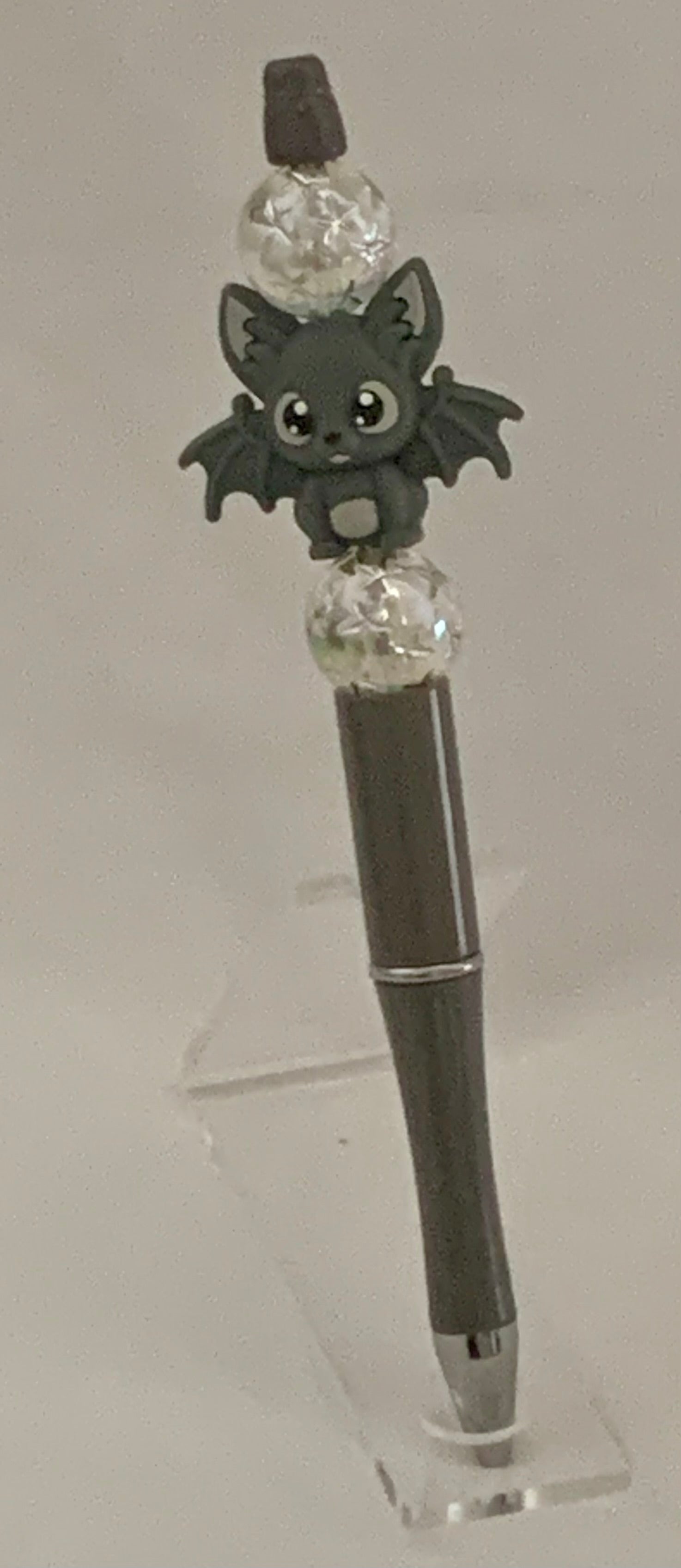 Handmade Kawaii Baby Bat & Crystal Beaded Pen - Charcoal Grey