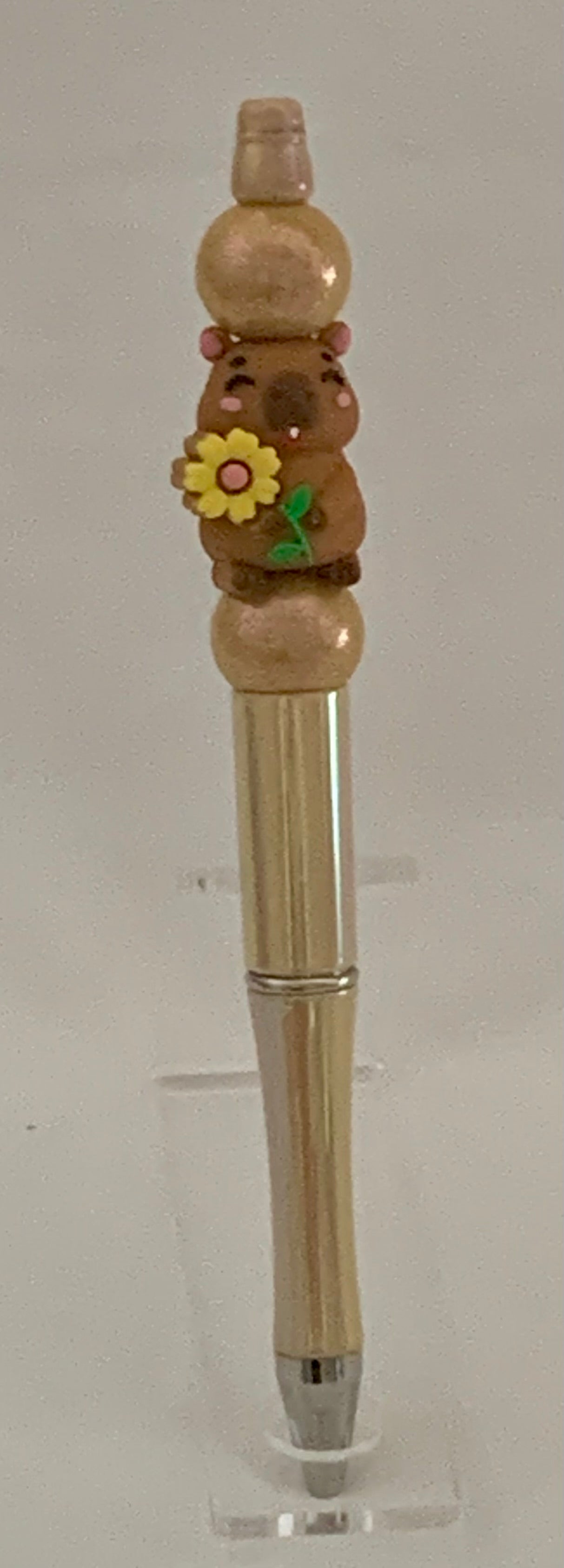 Handmade Kawaii Capybara & Sunflower Beaded Pen - Natural Wood