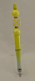Handmade Checkered & Pearl Beaded Pen - Lemon Yellow & White