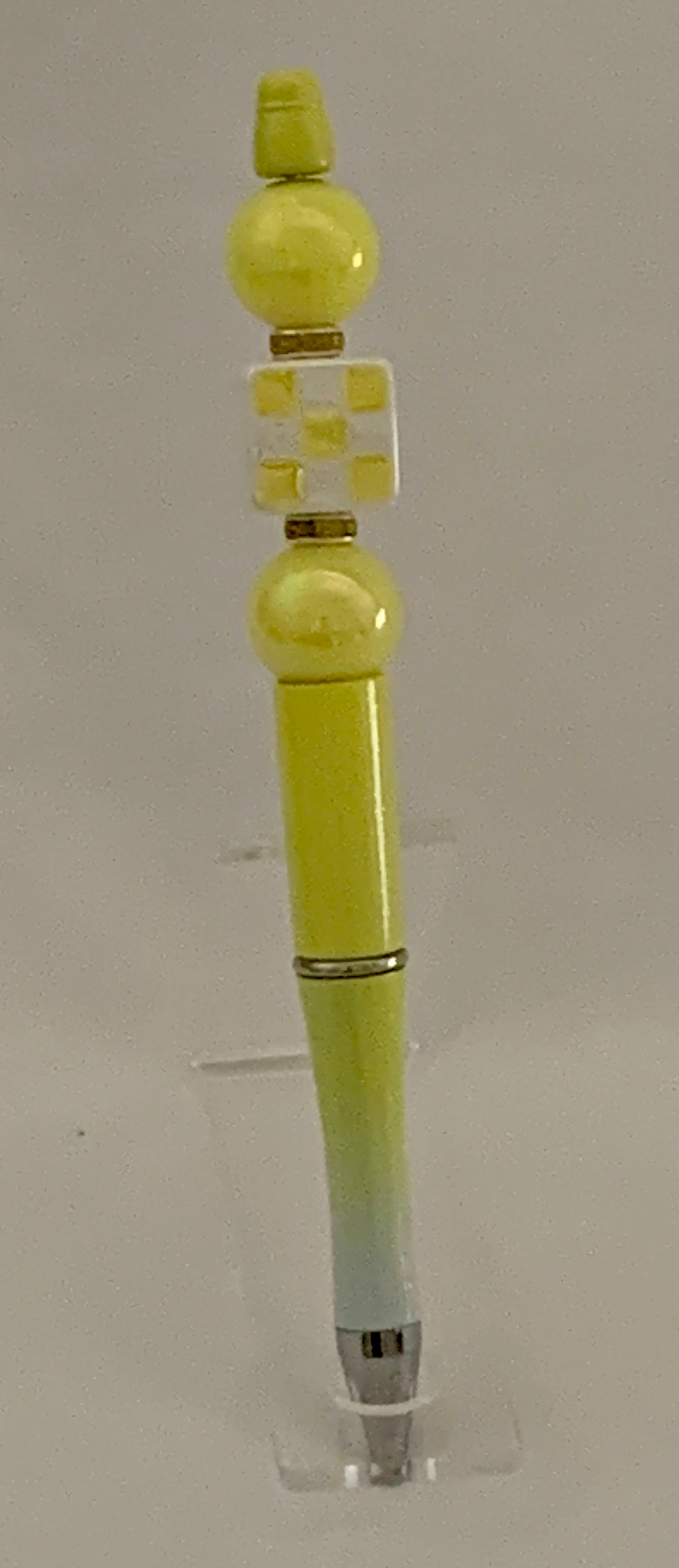 Handmade Checkered & Pearl Beaded Pen - Lemon Yellow & White