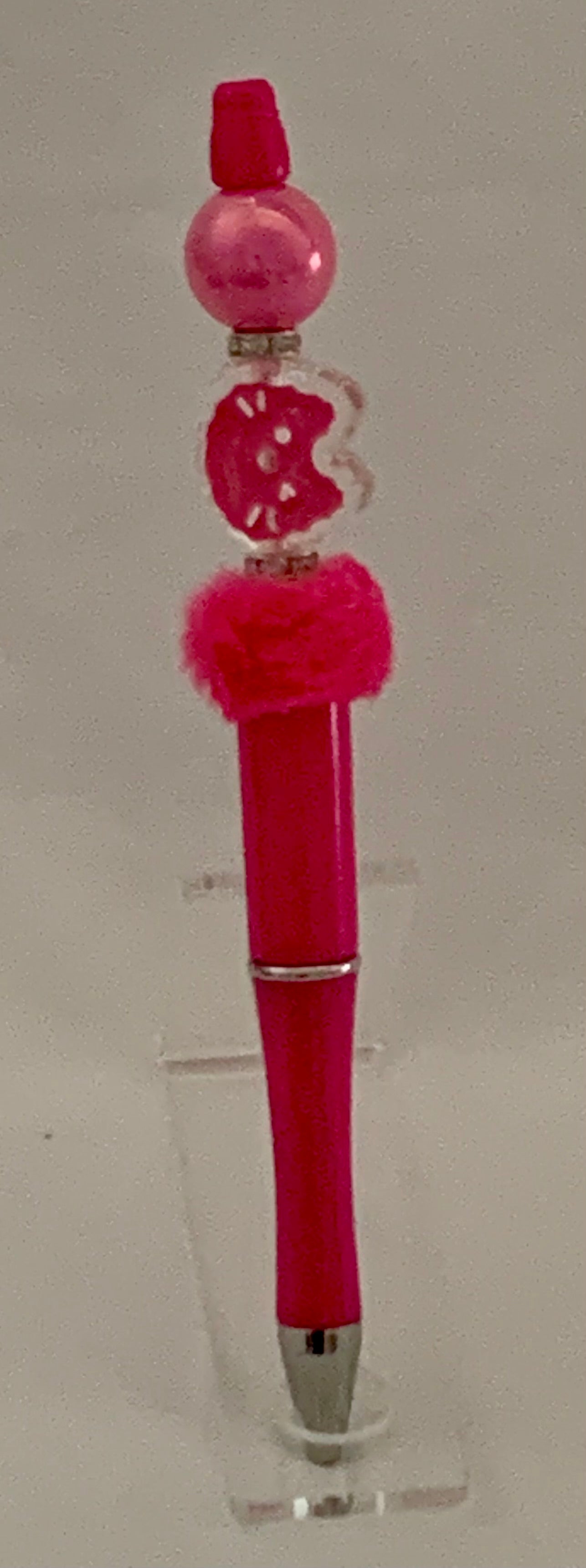 Handmade Bear & Pom Pom Beaded Pen - Hot Pink
