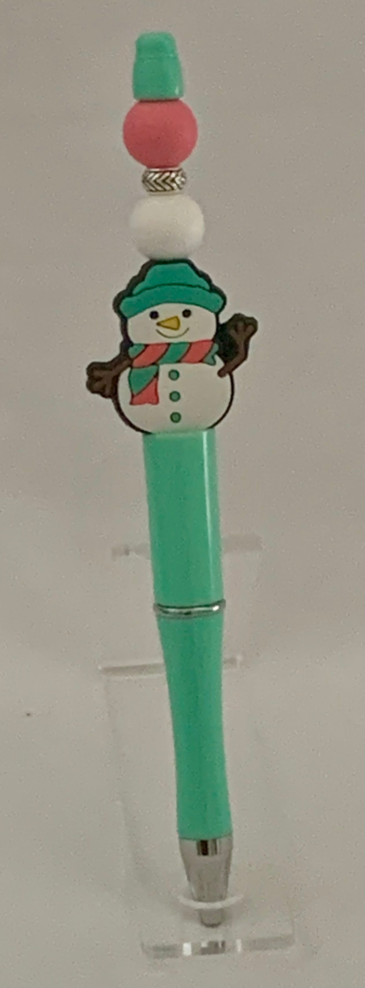 Handmade Christmas Snowman Beaded Pen - Mint & Pink