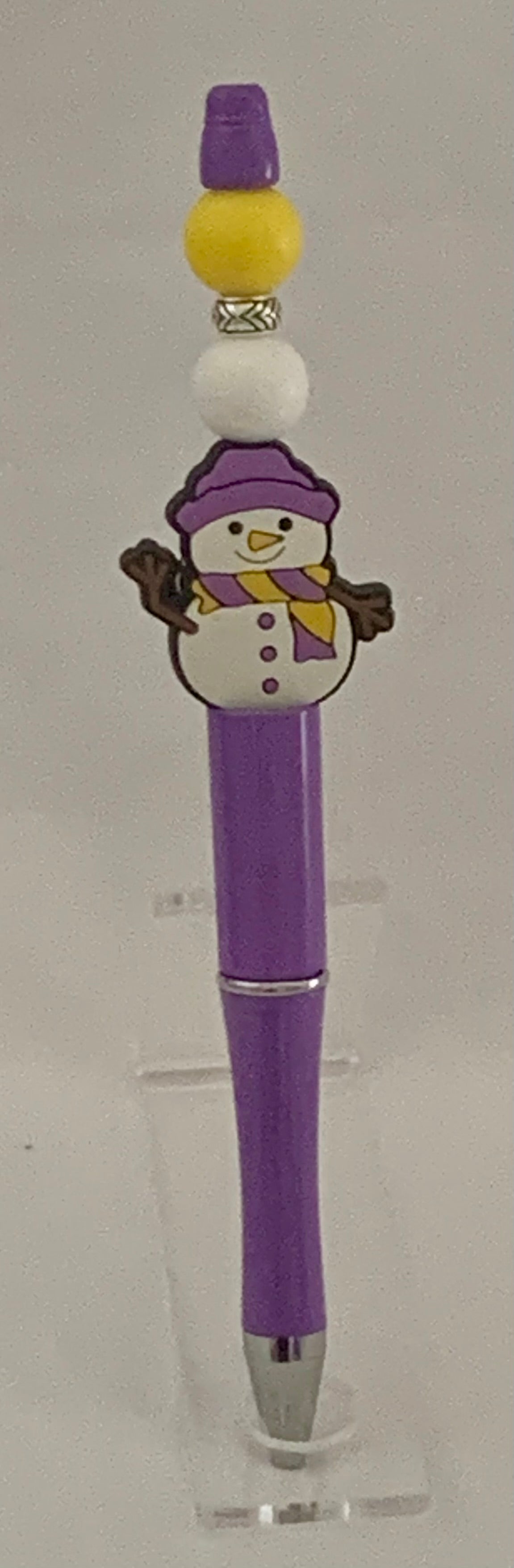 Handmade Christmas Snowman Beaded Pen - Purple & Yellow