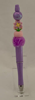 Handmade Sunflower & Pom Pom Beaded Pen - Lavender & Purple