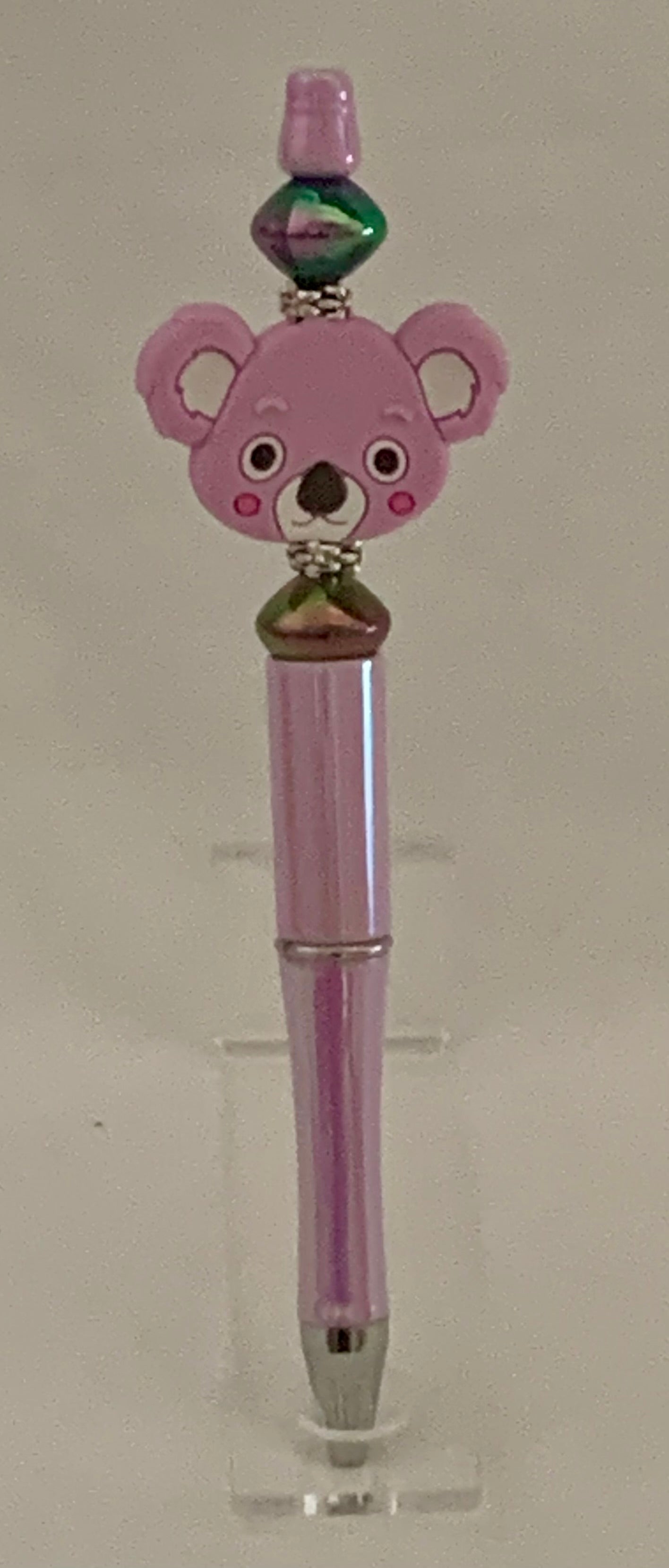 Handmade Kawaii Koala Face Beaded Pen - Pink & Iridescent Green