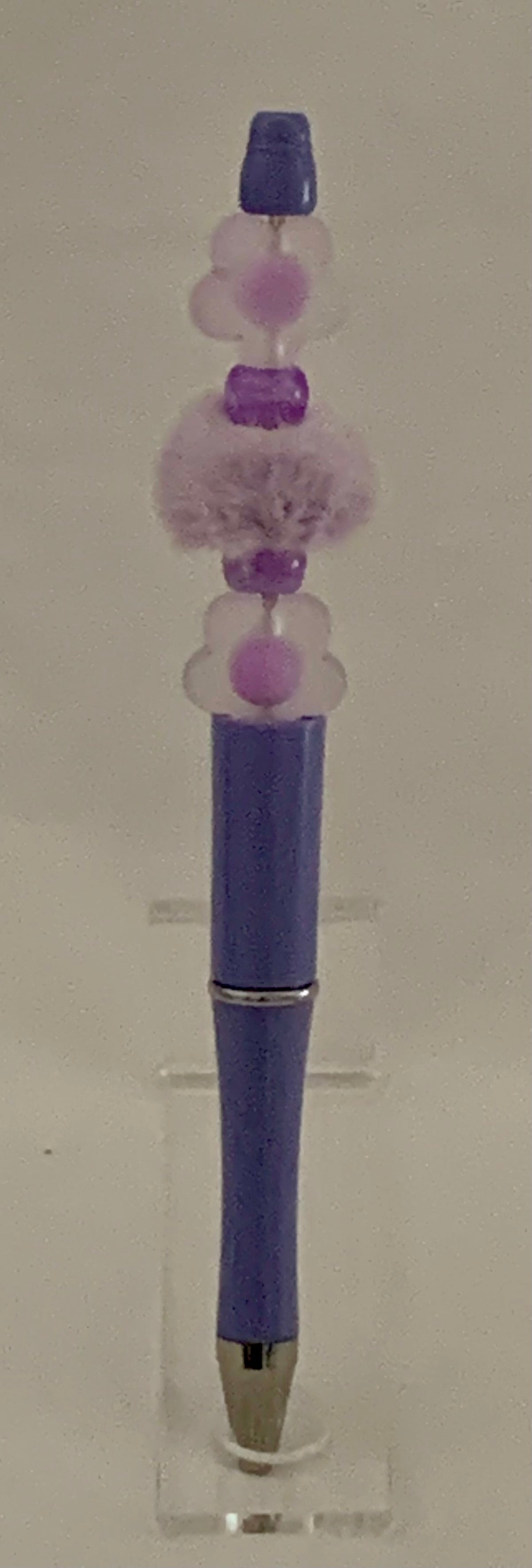 Handmade Flower & Pom Pom Beaded Pen - Purple & White