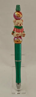 Handmade Christmas Teddy Bear & Bauble Beaded Pen - Emerald Green