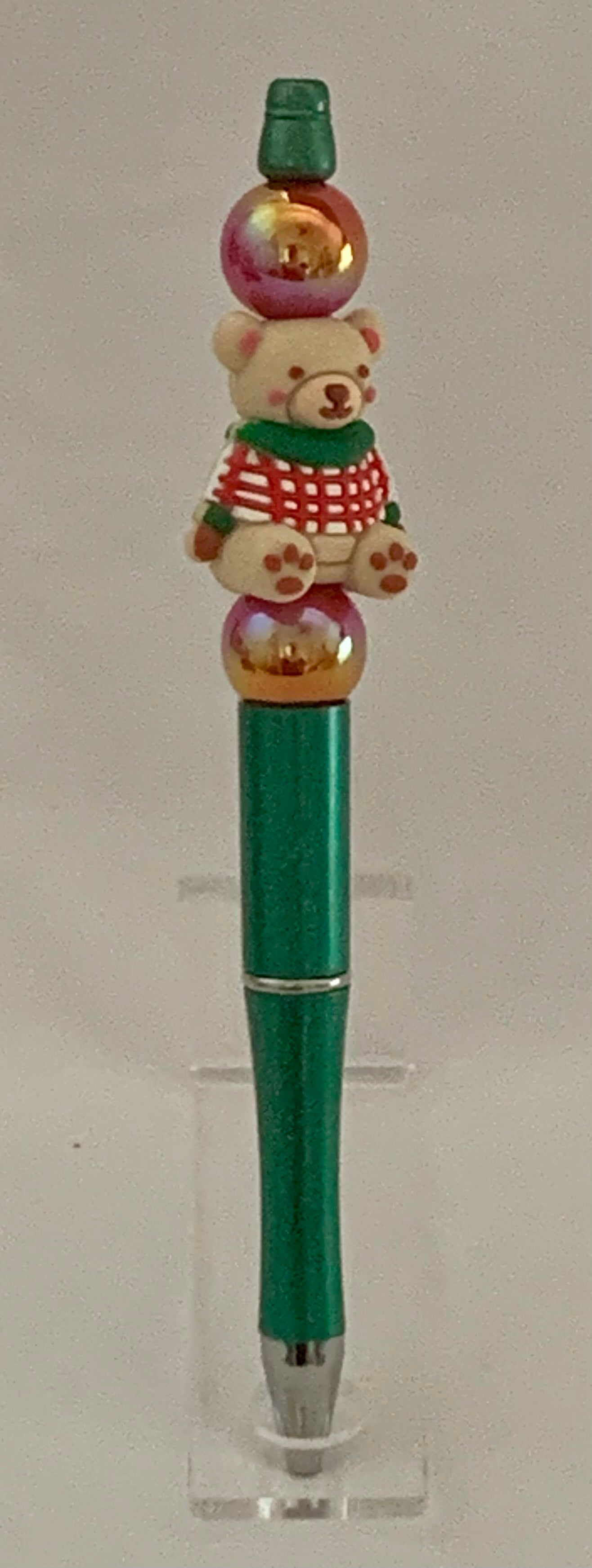 Handmade Christmas Teddy Bear & Bauble Beaded Pen - Emerald Green