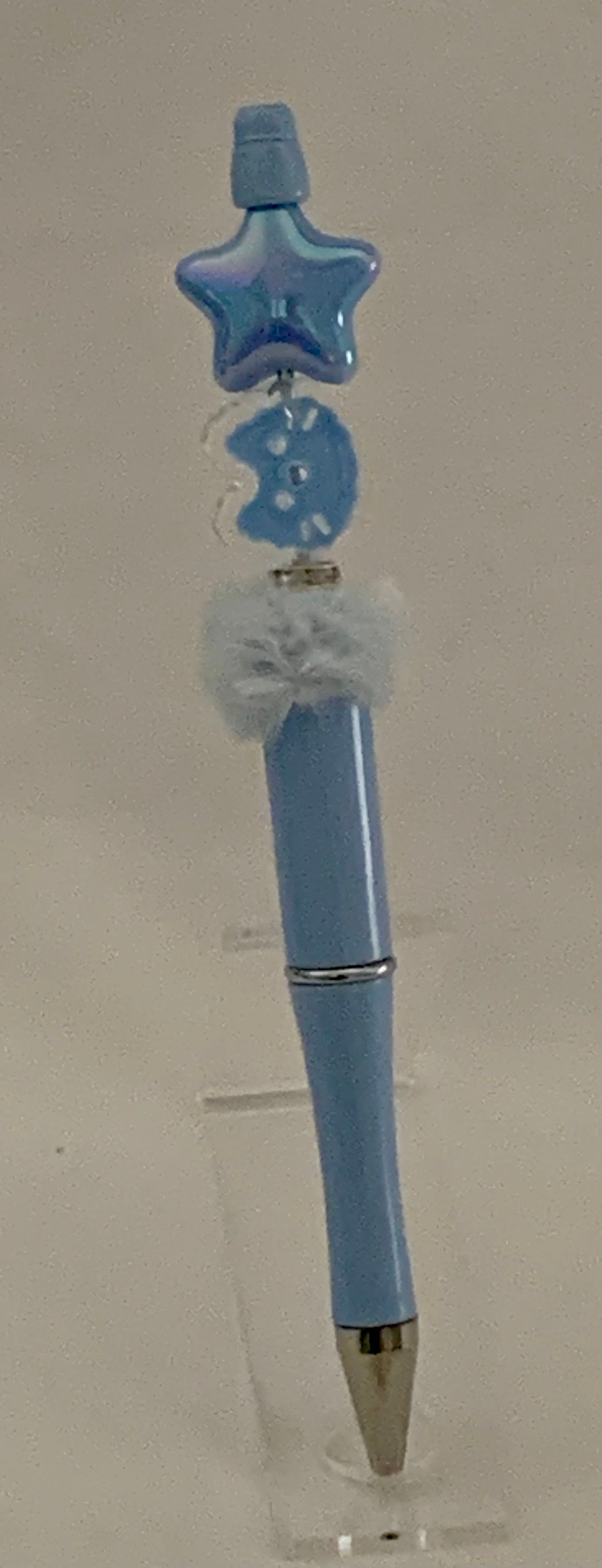 Handmade Star & Cloud Pom Pom Beaded Pen - Powder Blue