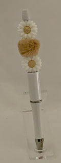 Handmade Daisy & Pom Pom Beaded Pen - White & Natural
