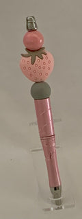 Handmade Kawaii Strawberry Beaded Pen - Soft Pink & Grey
