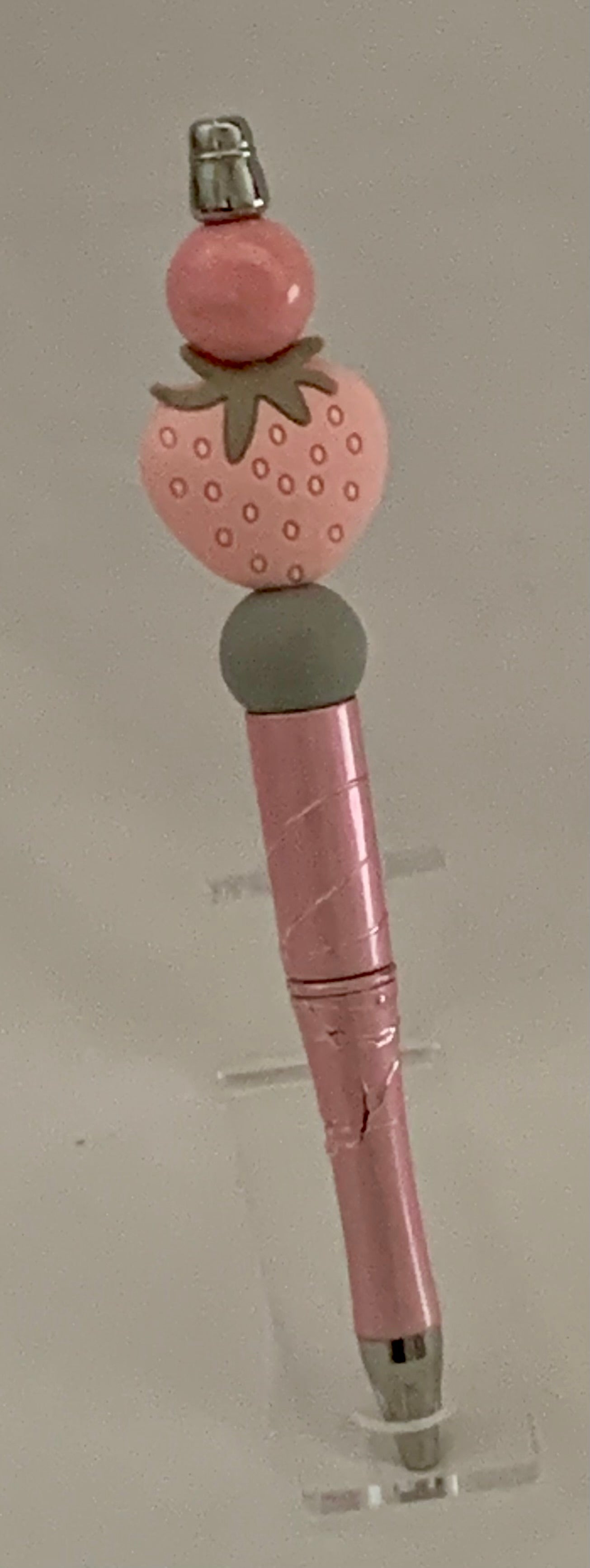 Handmade Kawaii Strawberry Beaded Pen - Soft Pink & Grey