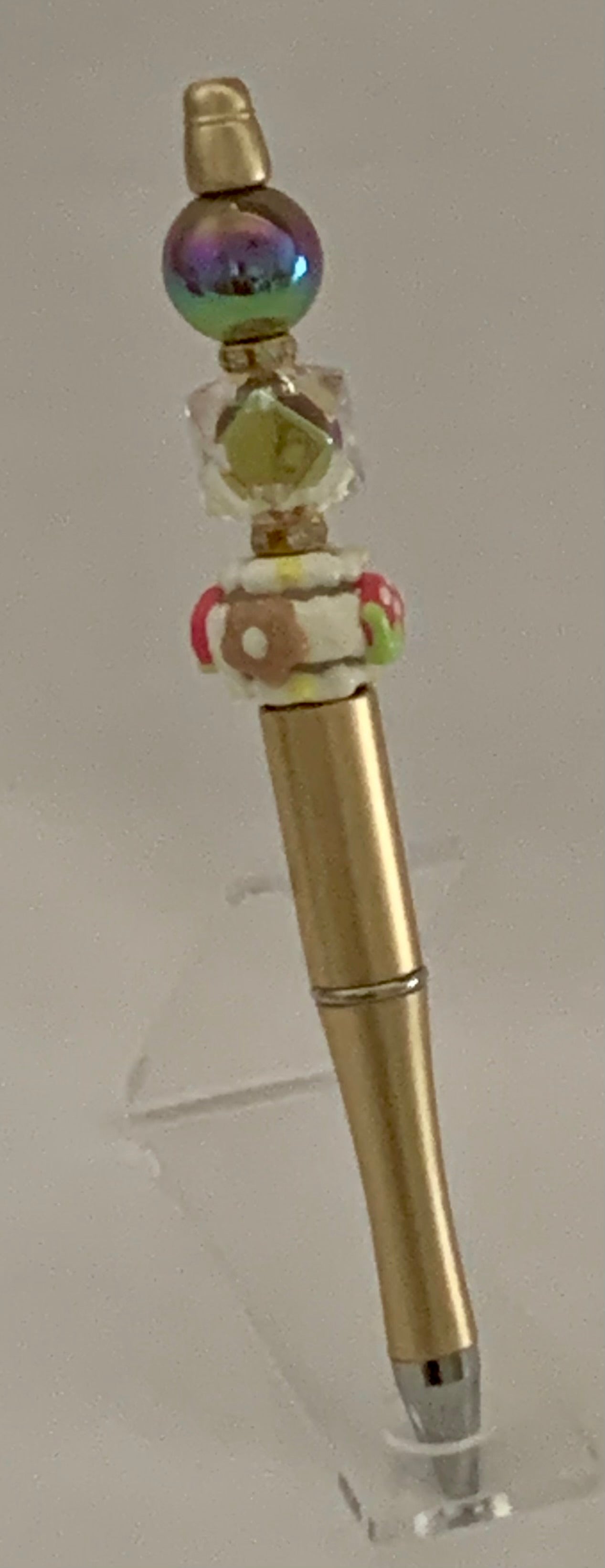 Handmade Rainbow Hematite & Millefiori Beaded Pen - Matte Gold