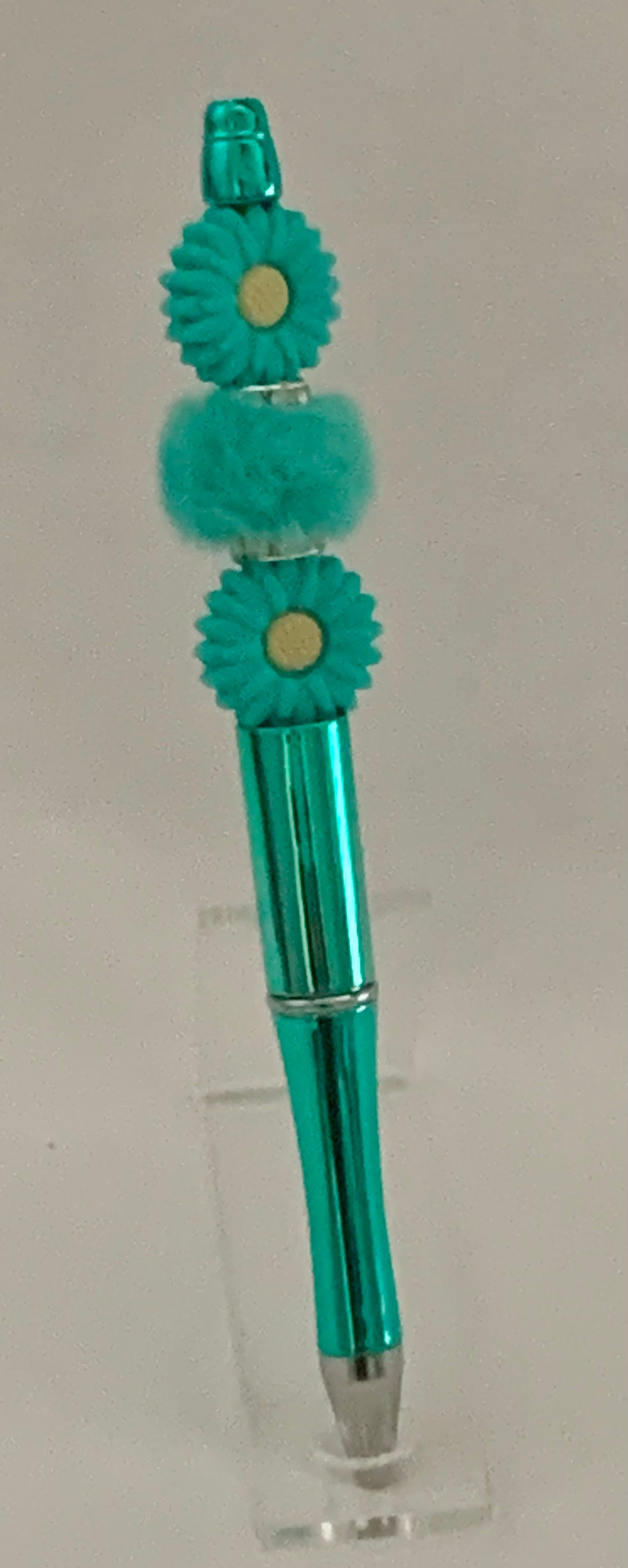 Handmade Daisy & Pom Pom Beaded Pen - Teal