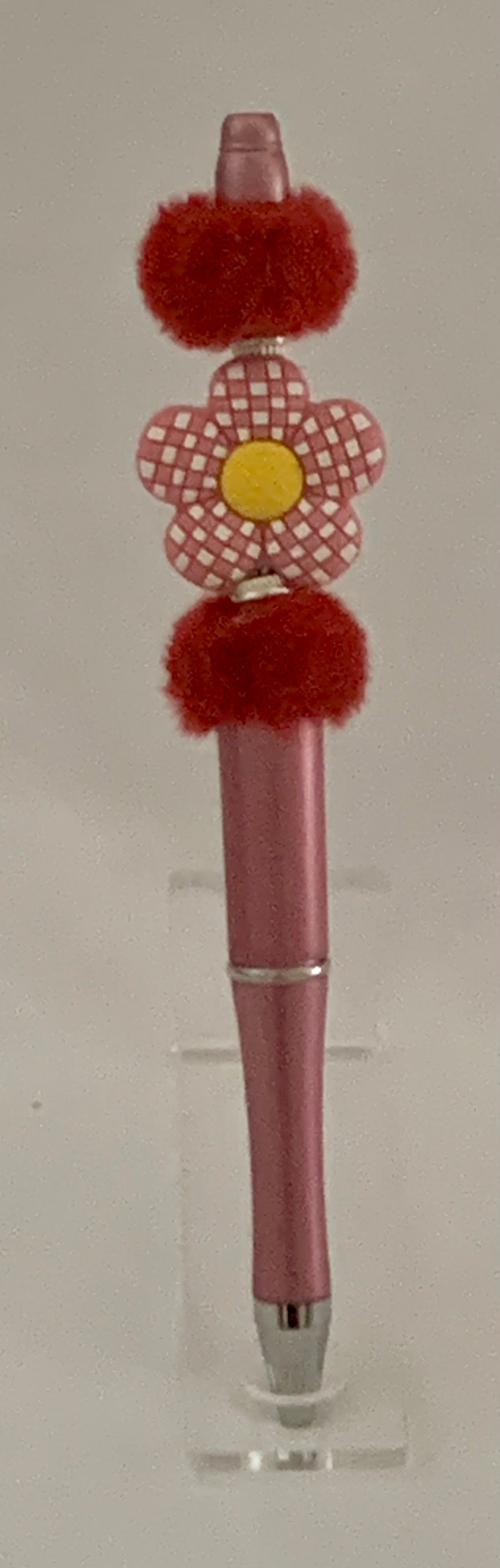 Handmade Checkerboard Daisy & Pom Pom Beaded Pen - Dusty Rose & Burgundy