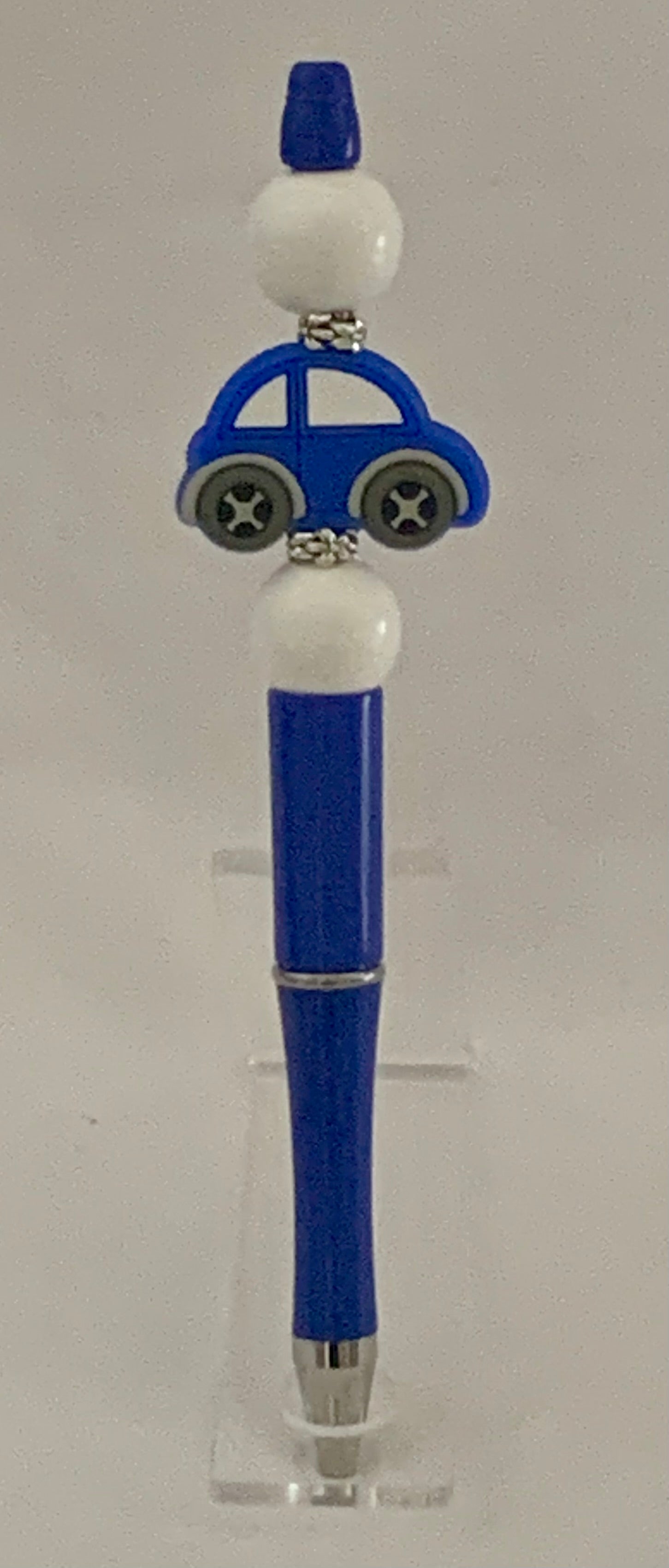 Handmade Car Charm Beaded Pen - Royal Blue & White
