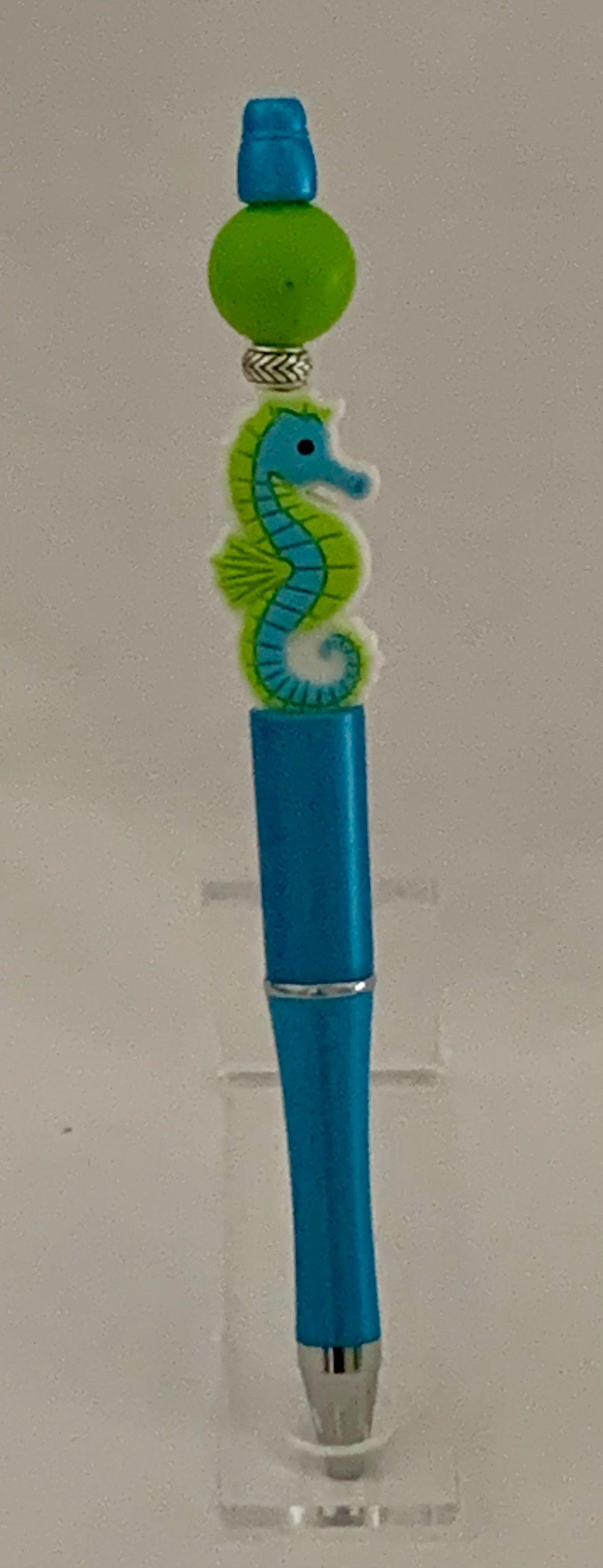 Handmade Seahorse Beaded Pen - Sky Blue & Lime Green