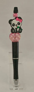 Handmade Kawaii Panda & Quilted Bead Pen - Black Glitter & Pink