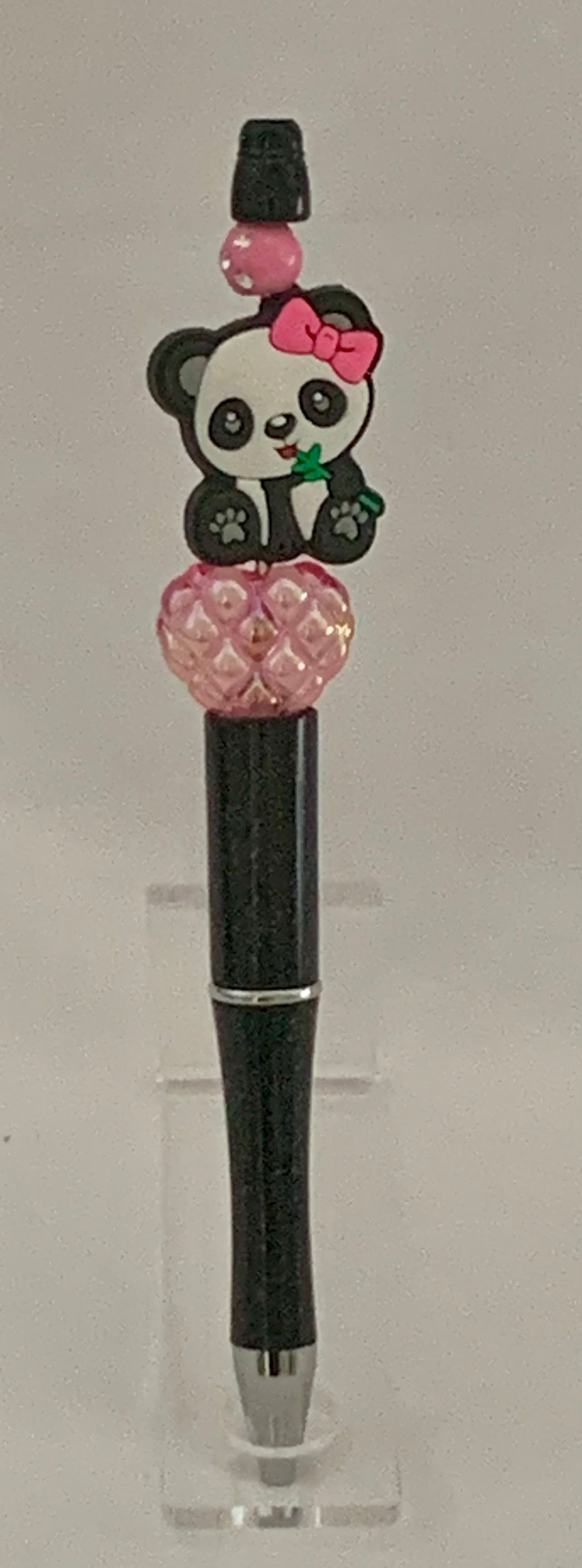 Handmade Kawaii Panda & Quilted Bead Pen - Black Glitter & Pink