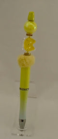 Handmade Kawaii Cat Face & Pom Pom Beaded Pen - Lime Yellow Gradient