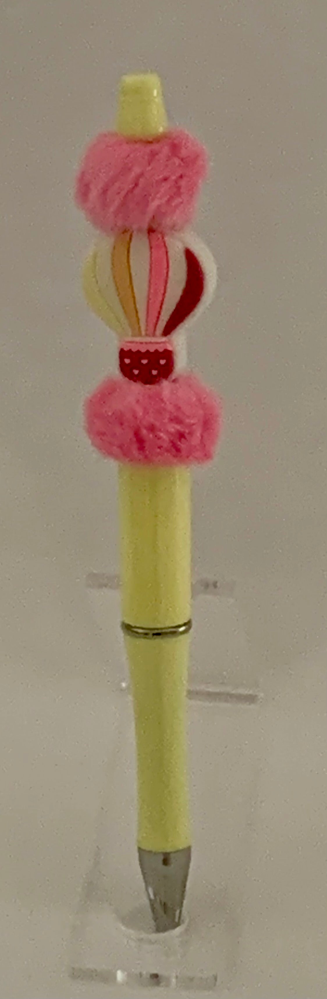 Handmade Hot Air Balloon & Pom Pom Beaded Pen - Butter Yellow & Pink