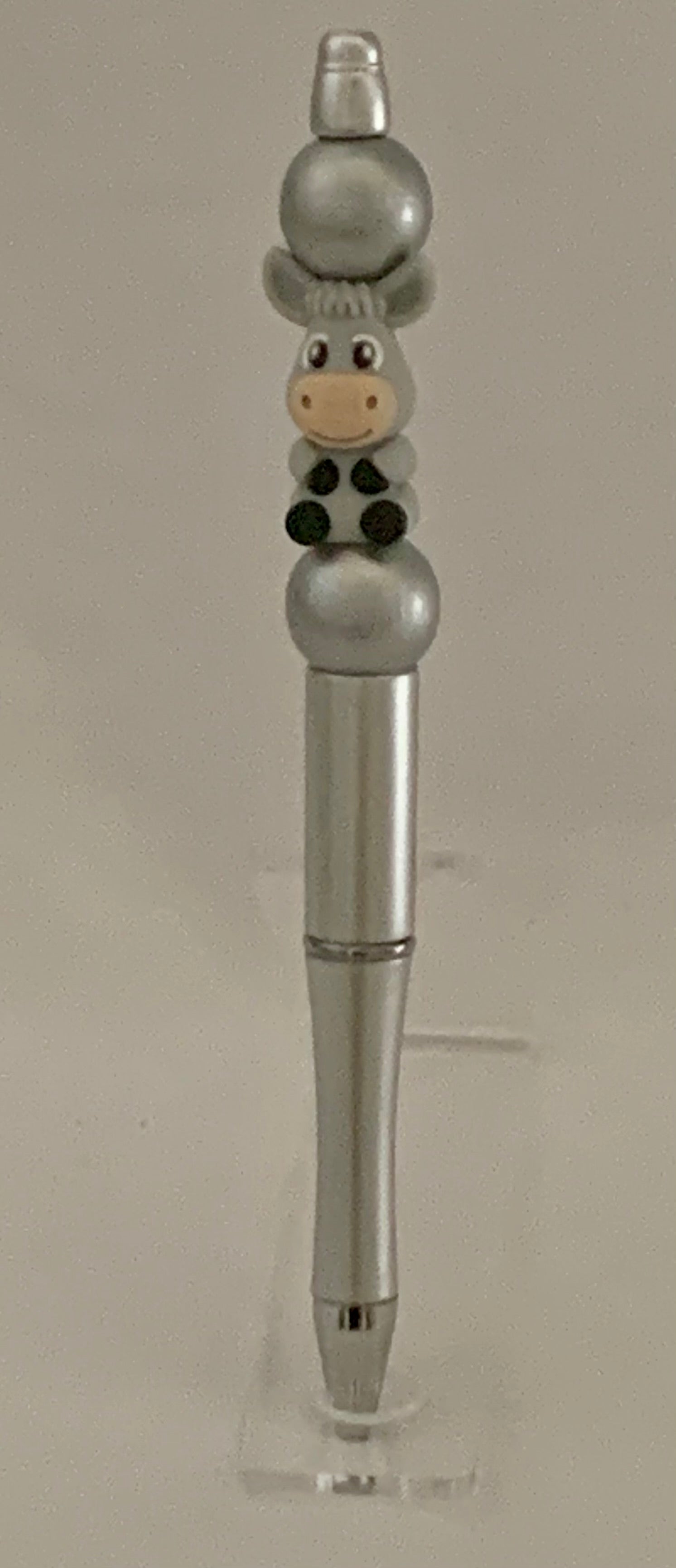 Handmade Kawaii Cow Beaded Pen - Silver & Grey