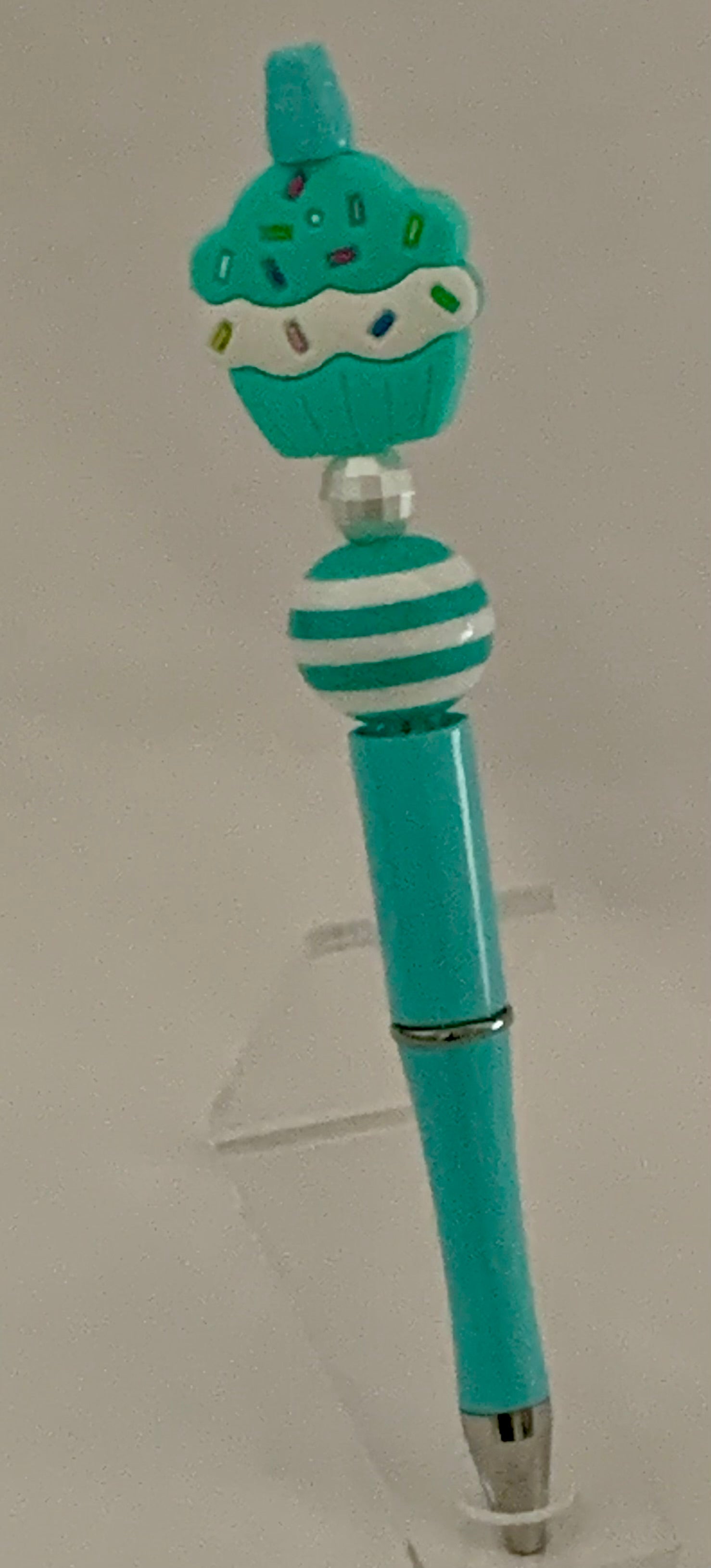 Handmade Cupcake & Stripe Beaded Pen - Teal & White